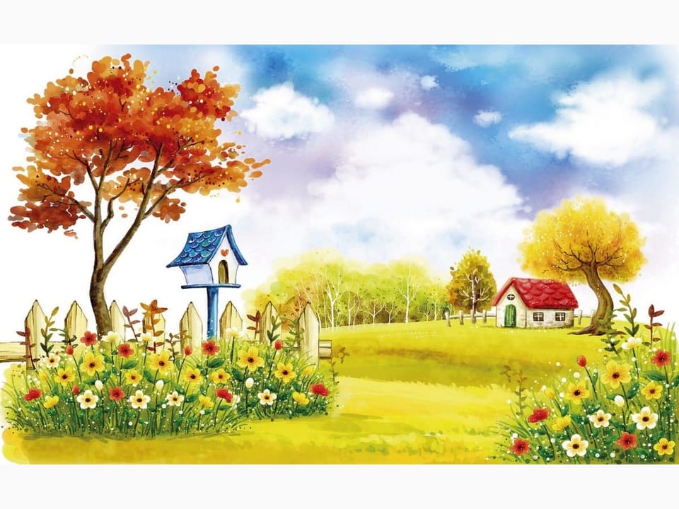 Fototapeta Kolorowe drzewo i domek z czerwonym dachem