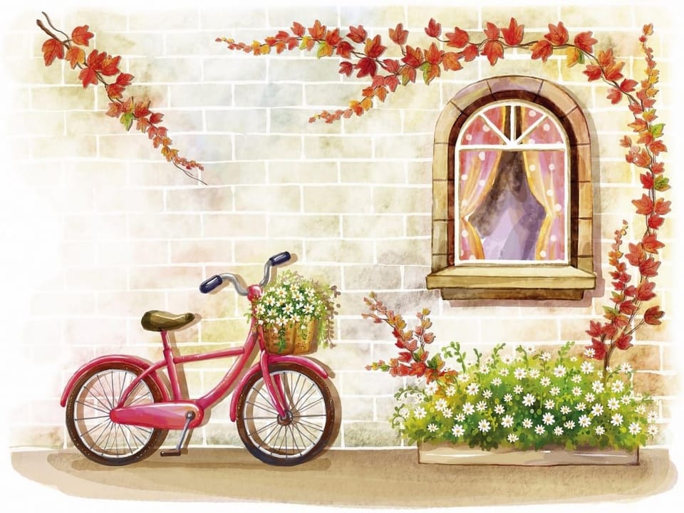 Fototapeta Rower z kwiatami przy ceglanej ścianie