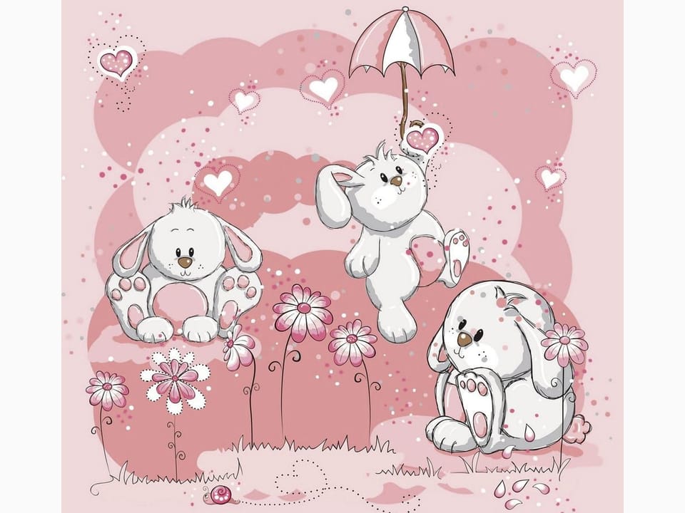 Fototapeta Trzy białe króliki z parasolką