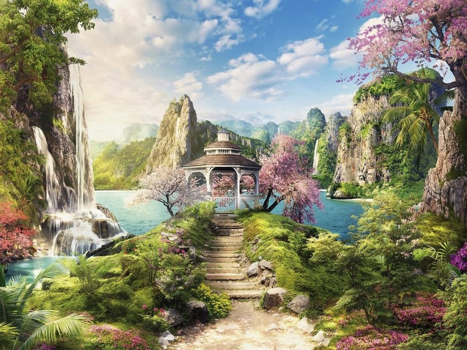 Fototapeta Altana z wodospadem i górami