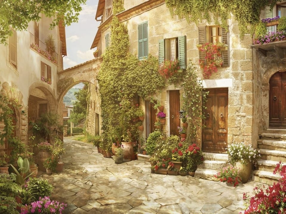 Fototapeta Kamienny zaułek z roślinami