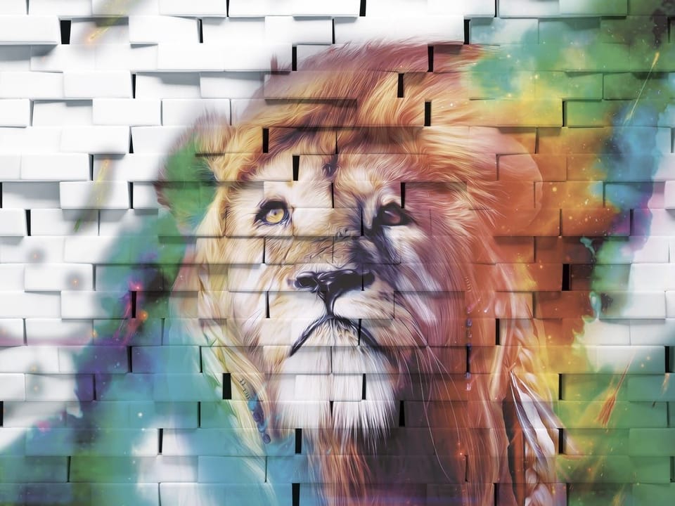 Fototapeta Lew na tle ceglanej ściany