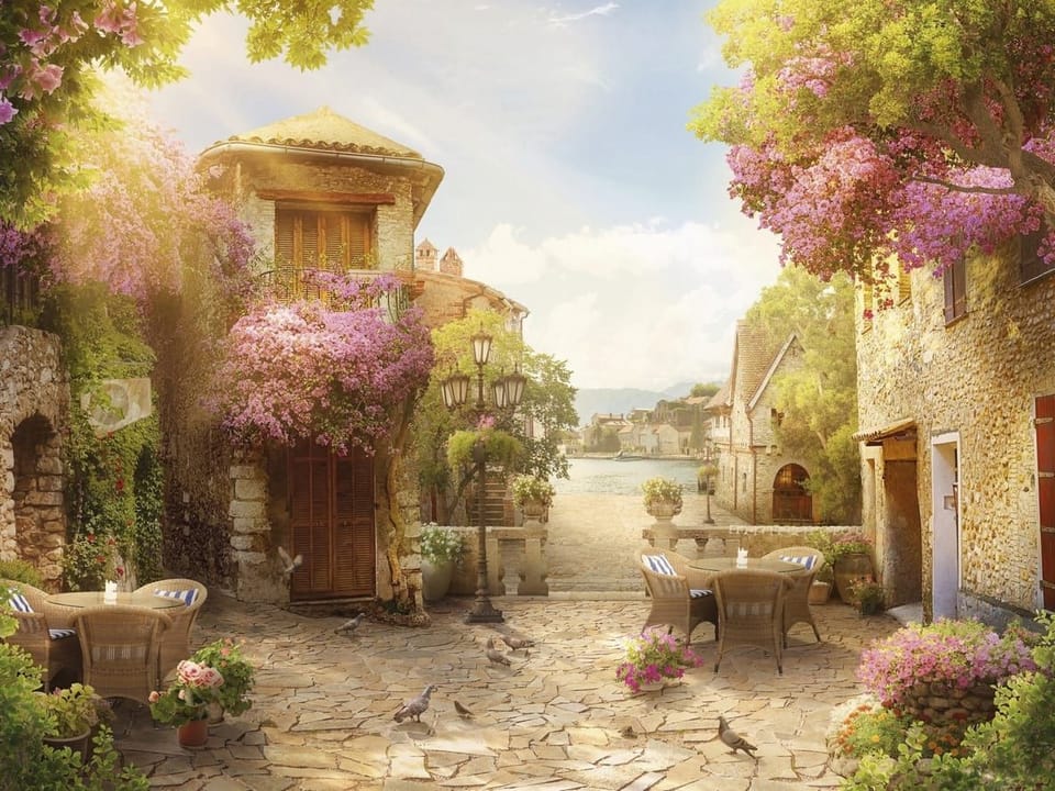 Fototapeta Kamienne budynki z kwiatami