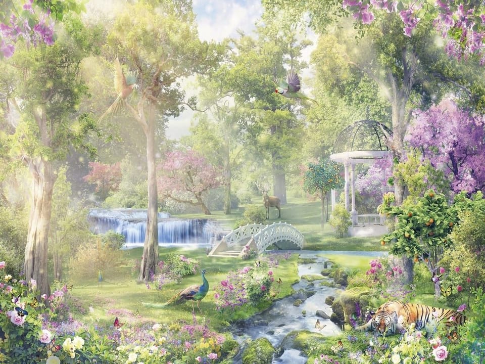 Fototapeta Bujny ogród z mostkiem