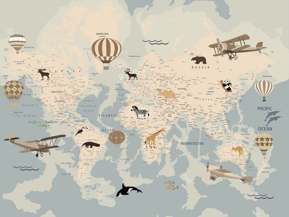 Fototapeta Mapa świata z ilustracjami zwierząt