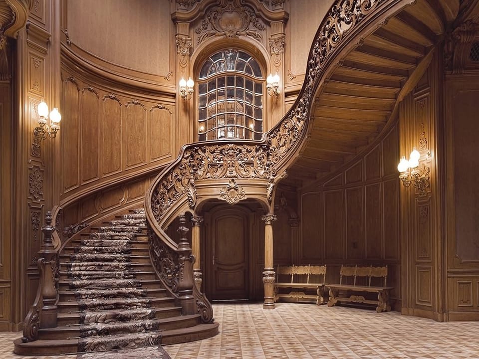 Fototapeta Eleganckie drewniane schody z balustradą