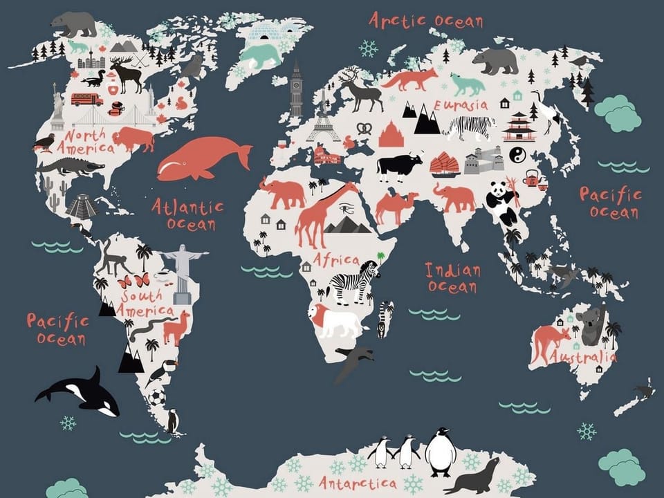 Fototapeta Mapa świata z ikonami zwierząt