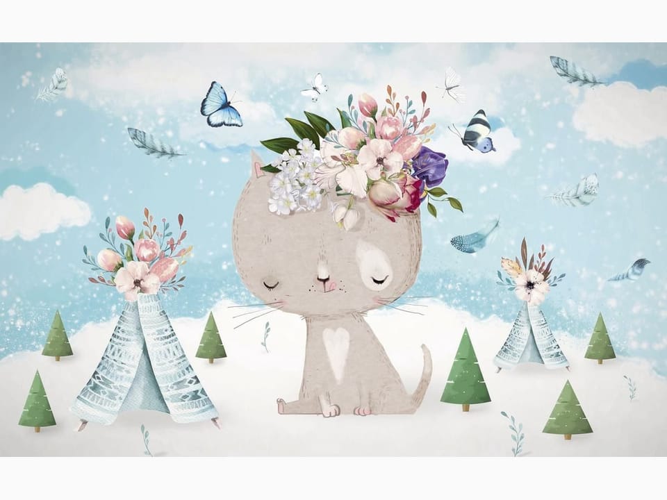 Fototapeta Kot z kwiatami na tle nieba
