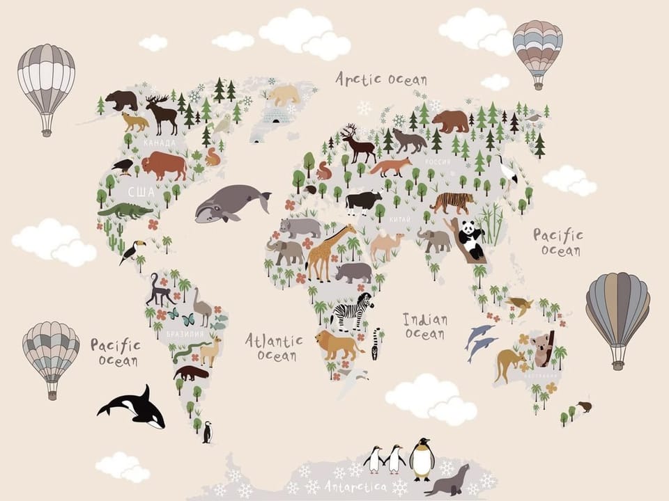Fototapeta Mapa świata z zwierzętami