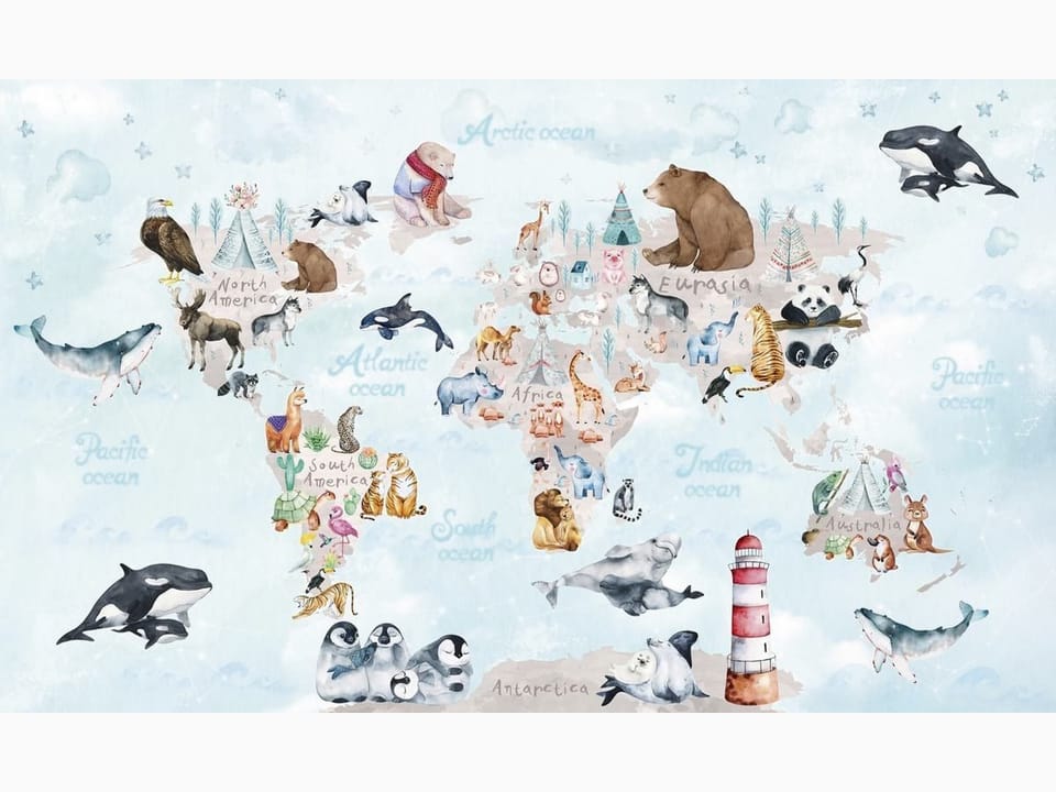 Fototapeta Mapa świata z zwierzętami dla dzieci