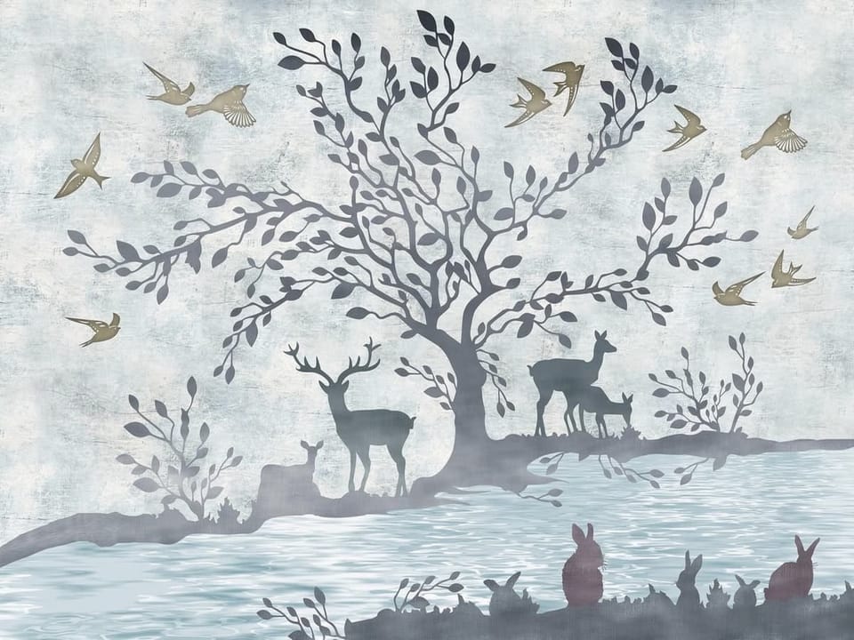 Fototapeta Drzewo z Jeleniami i Ptaki