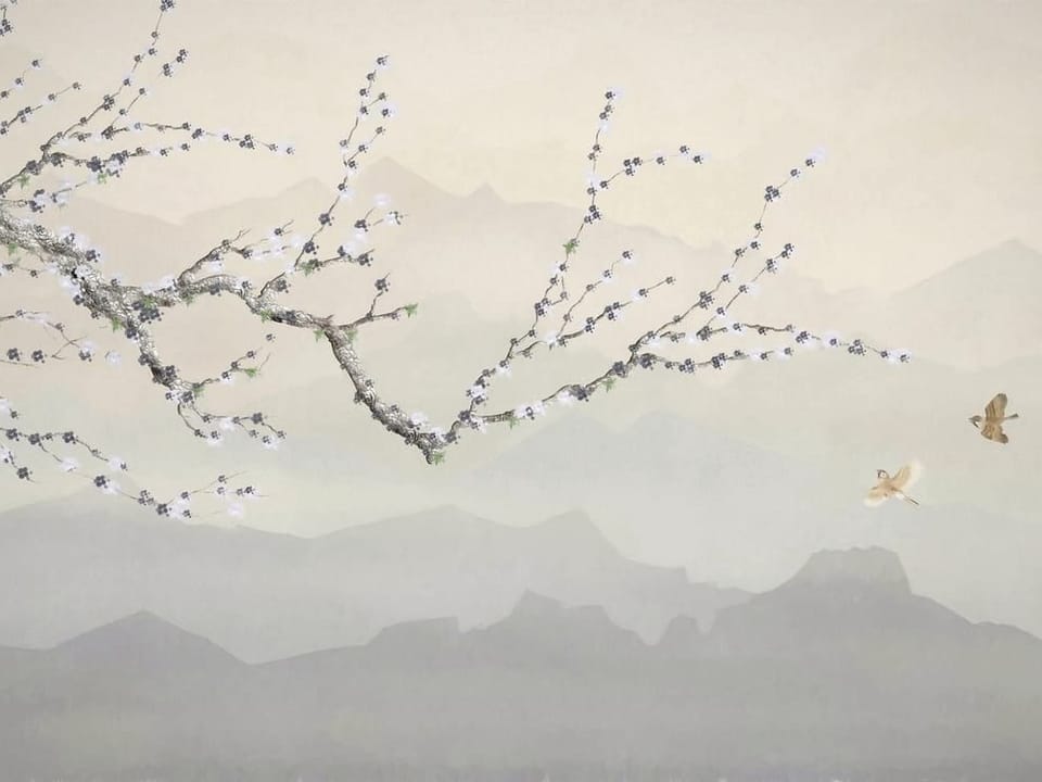 Fototapeta Gałąź drzewa z kwiatami i góry