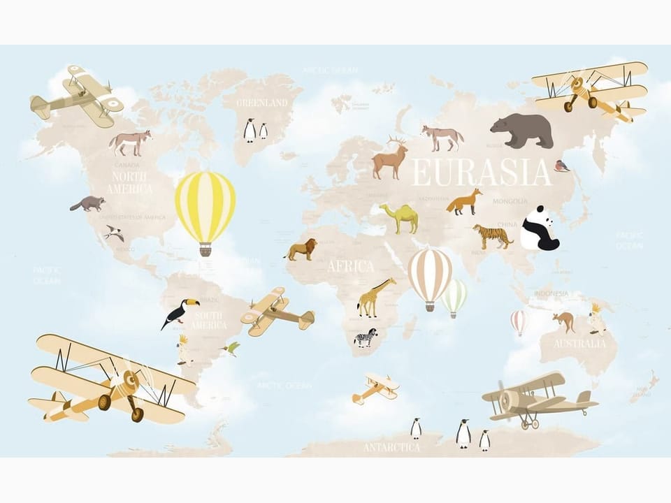 Fototapeta Mapa świata z samolotami i zwierzętami