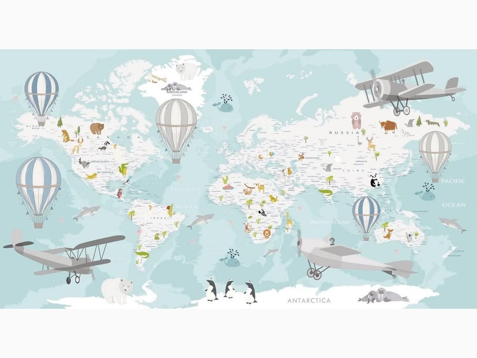 Fototapeta Mapa świata z balonami i samolotami