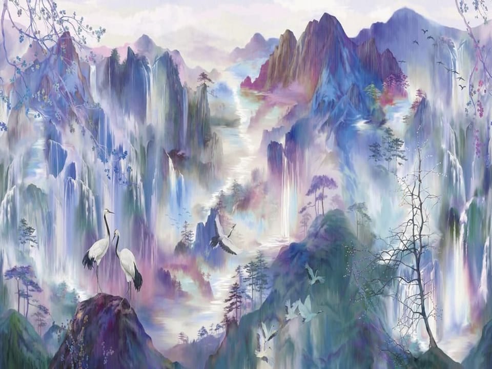 Fototapeta Żurawie na tle gór i wodospadów