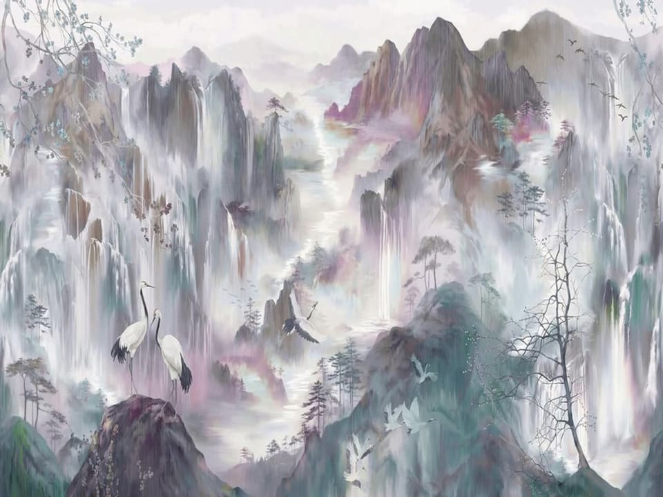 Fototapeta Żurawie na skale w górskim krajobrazie