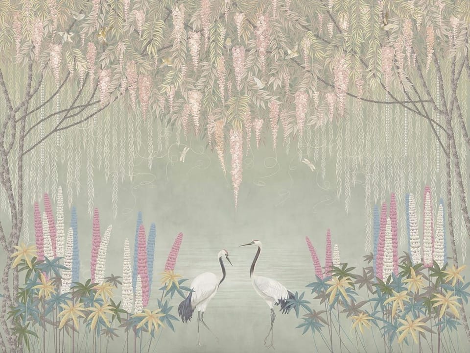 Fototapeta Żurawie w Ogrodzie Pełnym Kwiatów