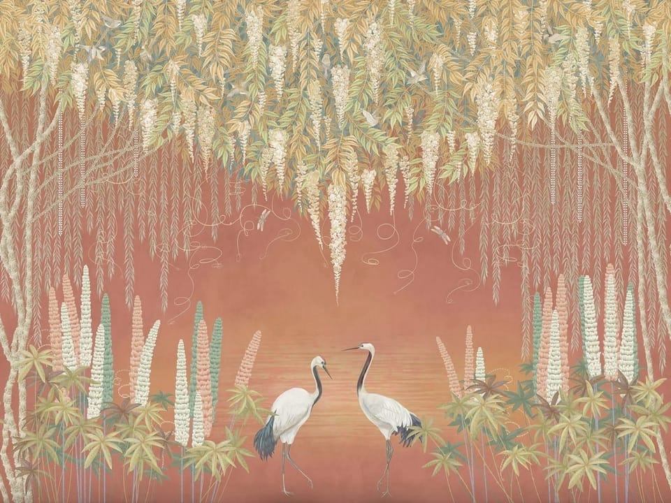 Fototapeta Żurawie wśród roślin na czerwonym tle