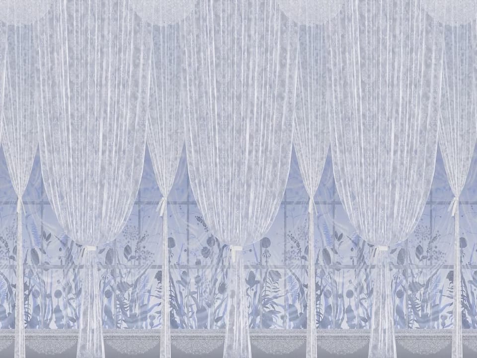 Fototapeta Białe zasłony i rośliny w tle