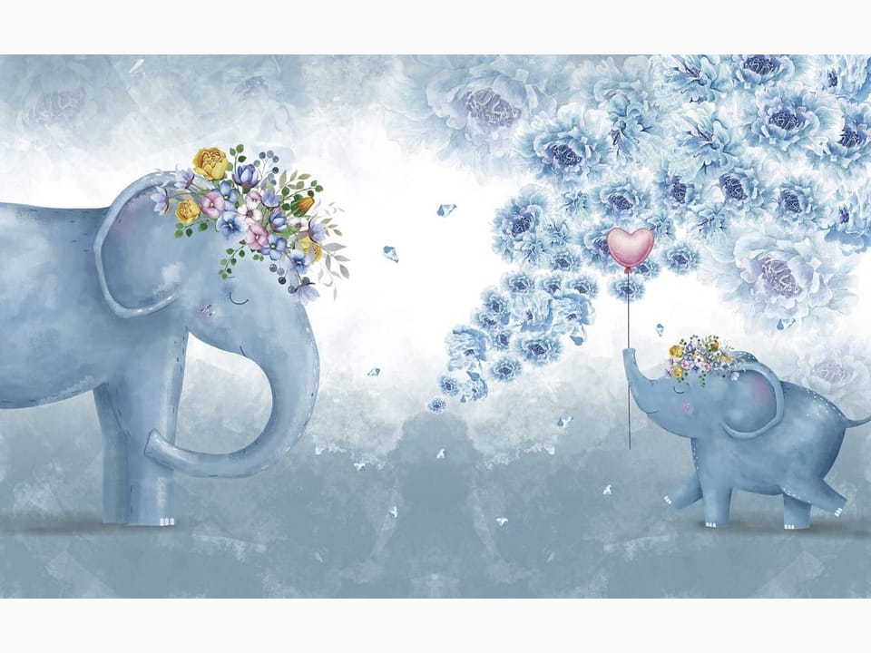 Fototapeta Niebieskie słonie z kwiatami