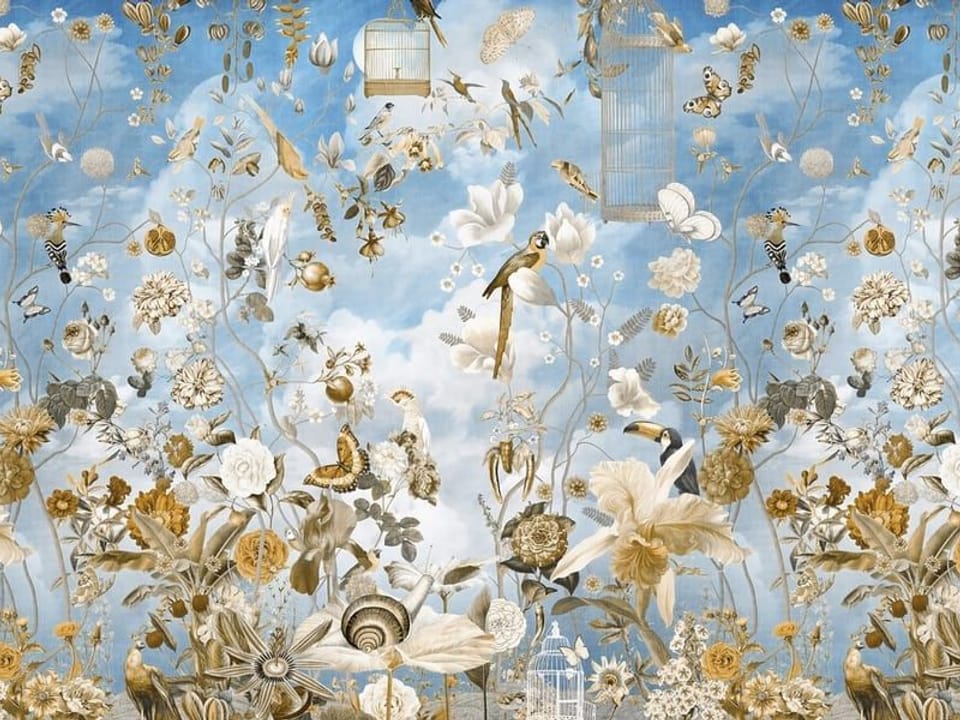 Fototapeta Kwiaty i Ptaki na Niebieskim Niebie