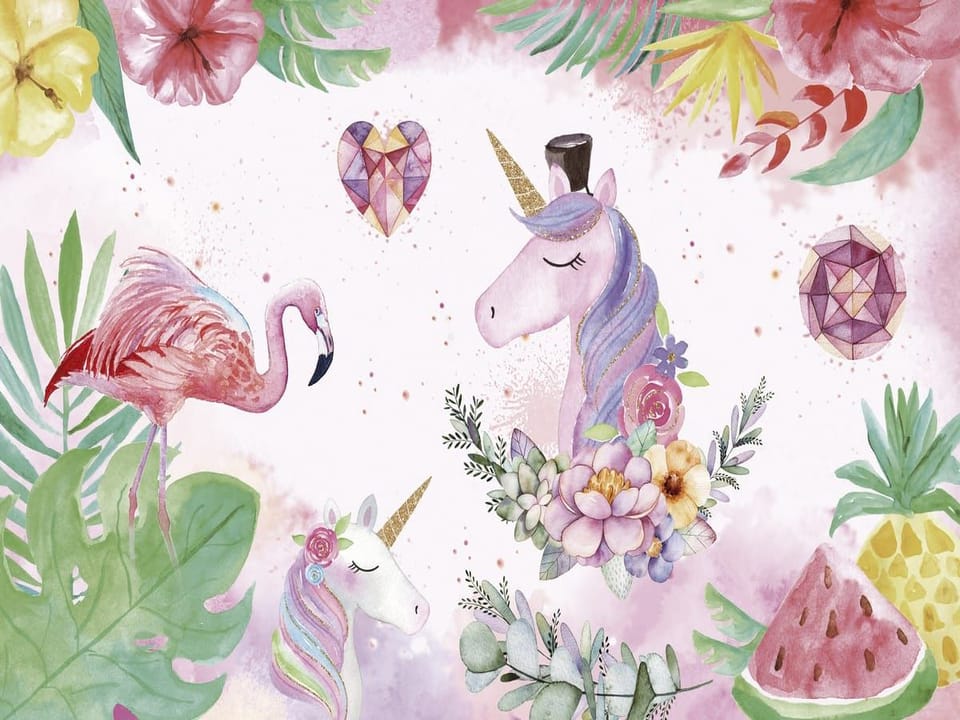 Fototapeta Jednorożce i Flamingi w Kwiatach