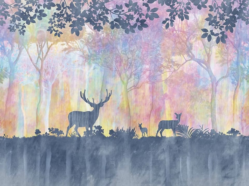 Fototapeta Sylwetki jeleni w leśnym krajobrazie