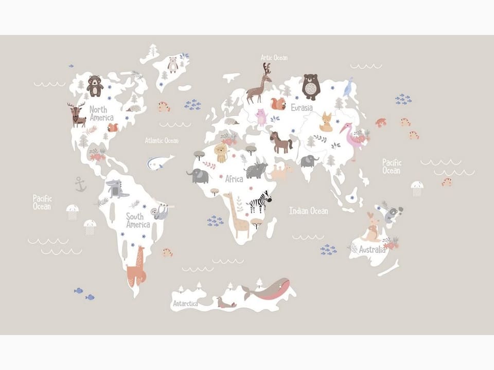 Fototapeta Mapa świata z ilustracjami zwierząt