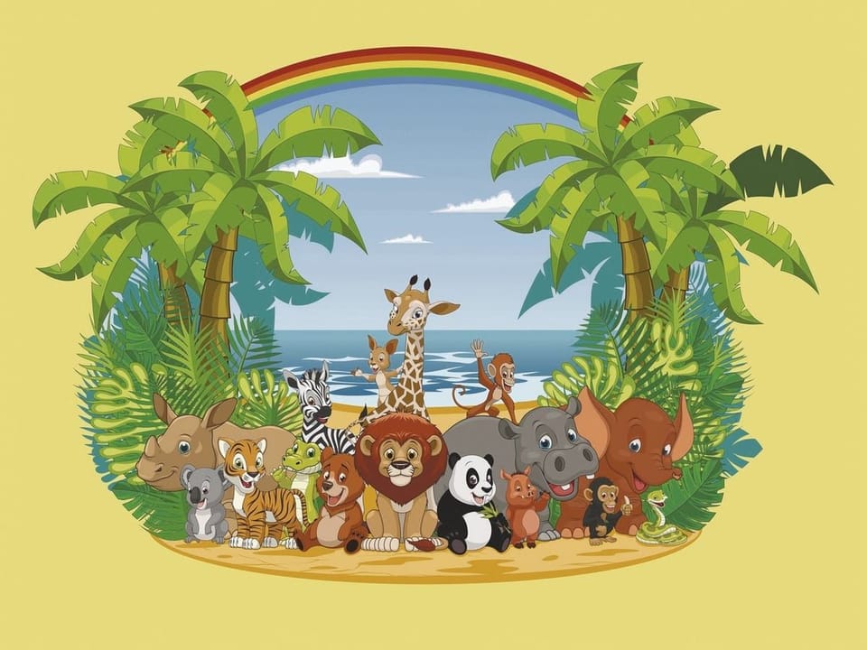 Fototapeta Zwierzęta na plaży pod tęczą