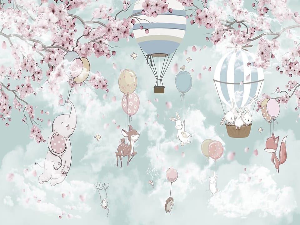 Fototapeta Balon z królikami i kwiatami