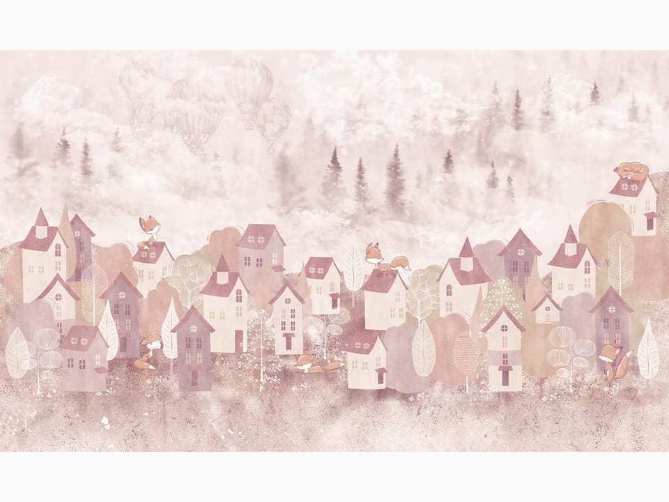 Fototapeta Wioska z domkami i pastelowymi drzewami