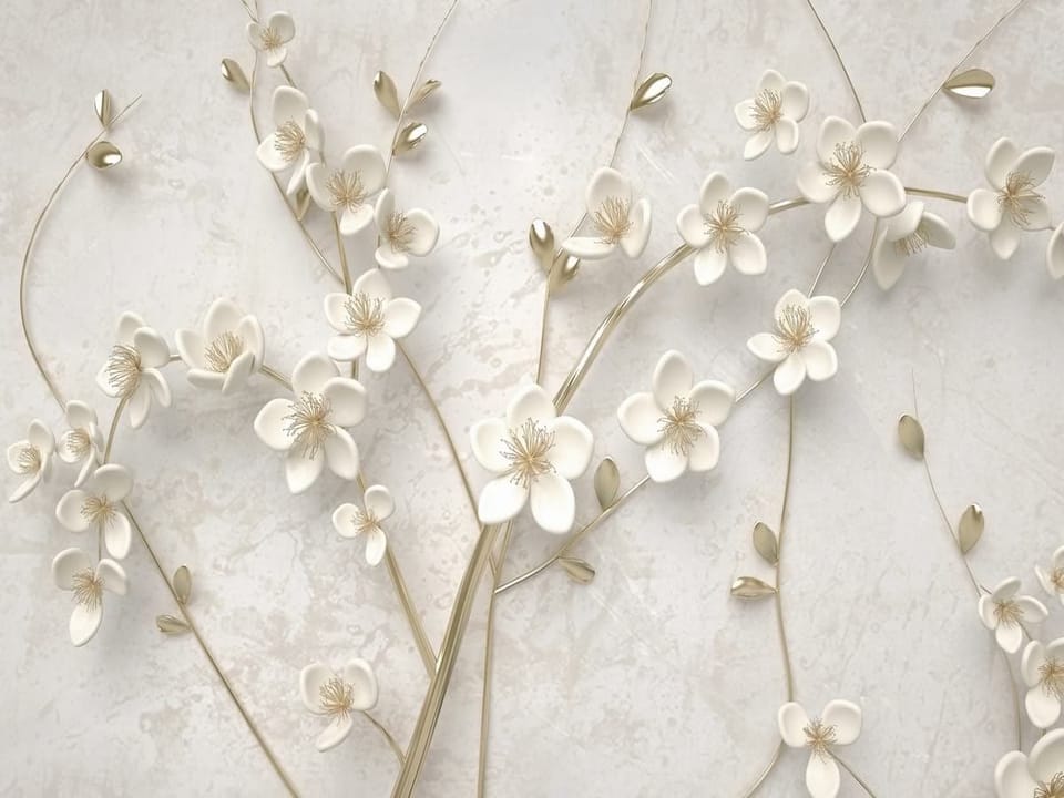 Fototapeta Białe Kwiaty na Złotych Gałązkach