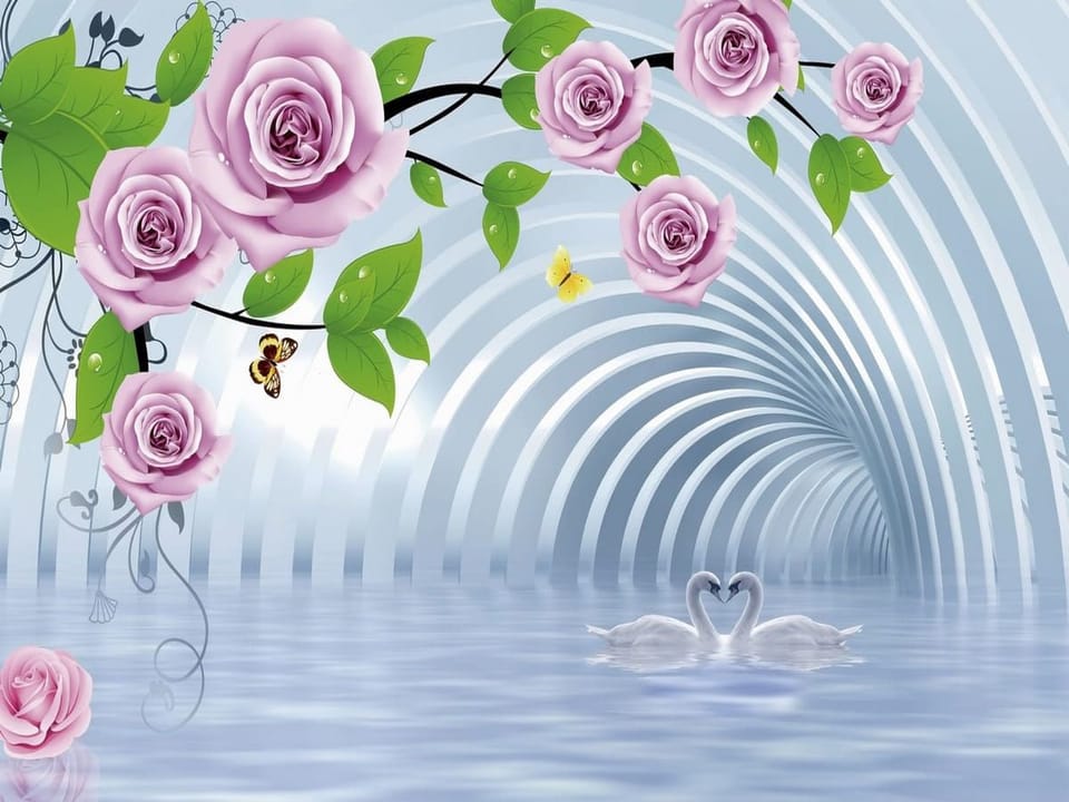 Fototapeta Różowe róże i łabędzie w tunelu