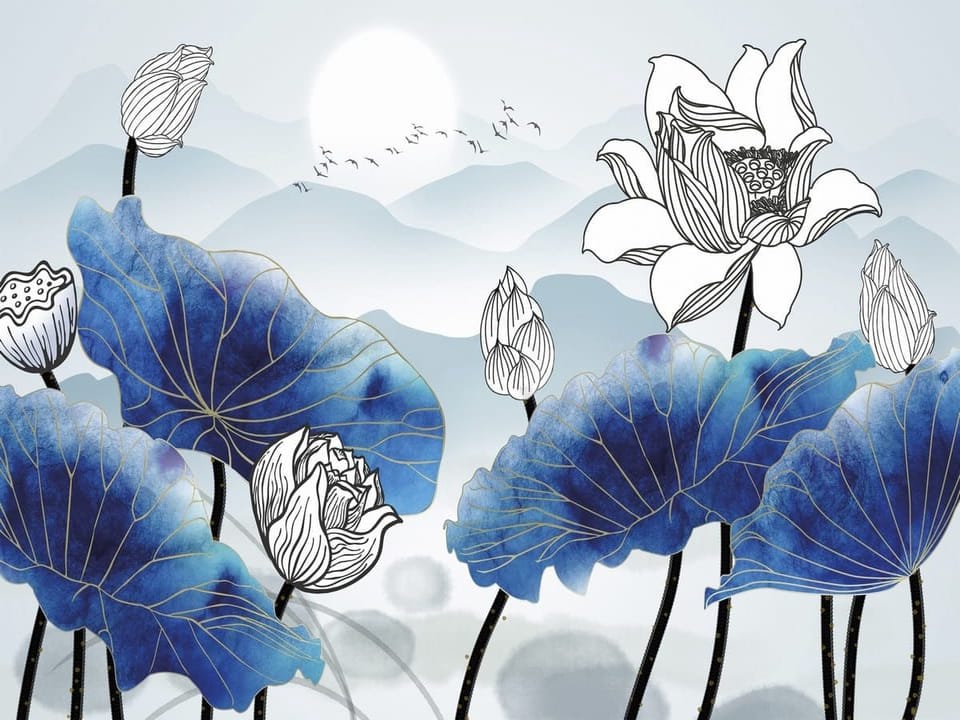 Fototapeta Lilie i lotosy w górskiej scenerii