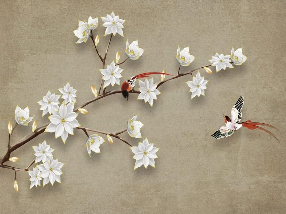 Fototapeta Gałąź z Białymi Kwiatami 3D