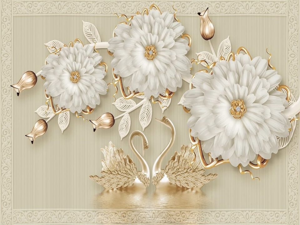 Fototapeta Trzy białe kwiaty i złote łabędzie