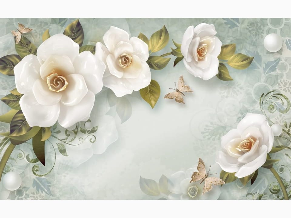 Fototapeta Białe róże z zielonymi liśćmi