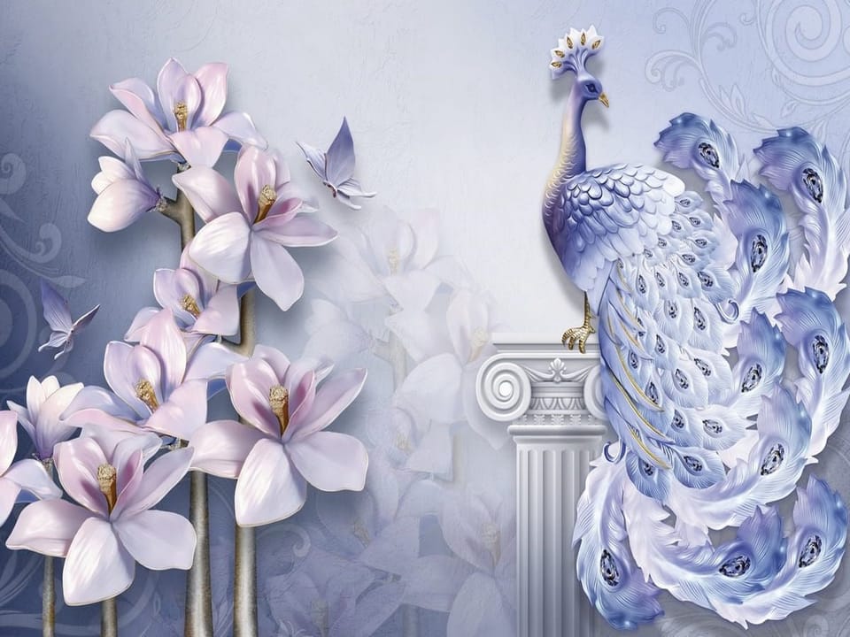 Fototapeta Paw na kolumnie z magnoliami