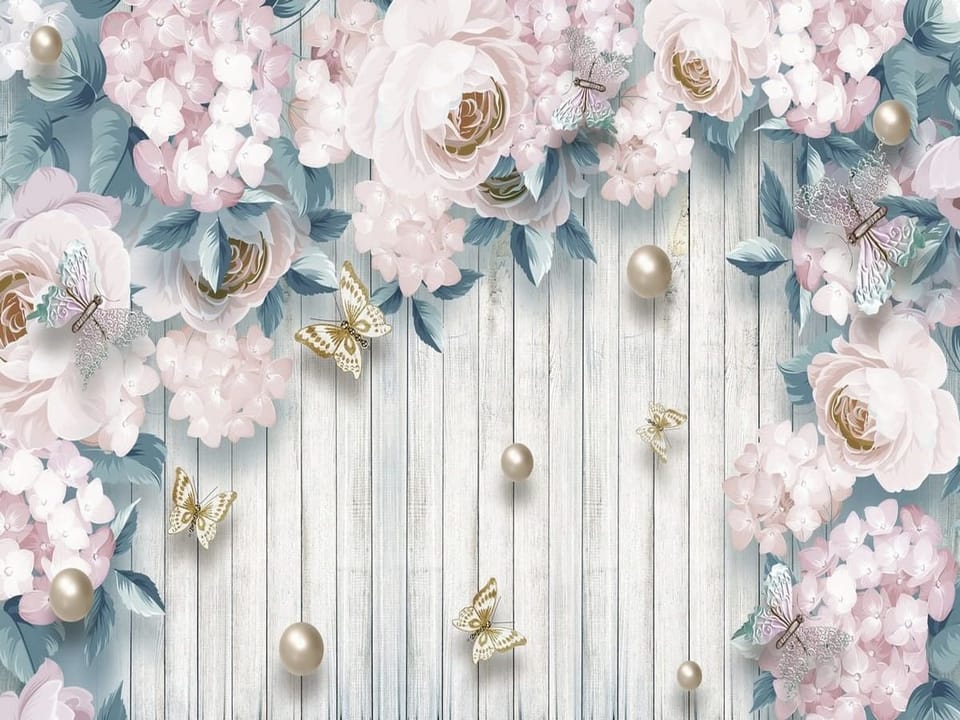 Fototapeta Kwiaty i motyle na drewnianym tle