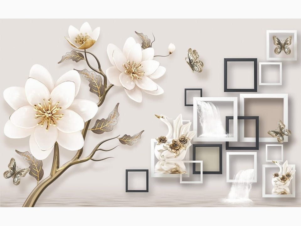 Fototapeta Białe kwiaty i wodospady w ramkach