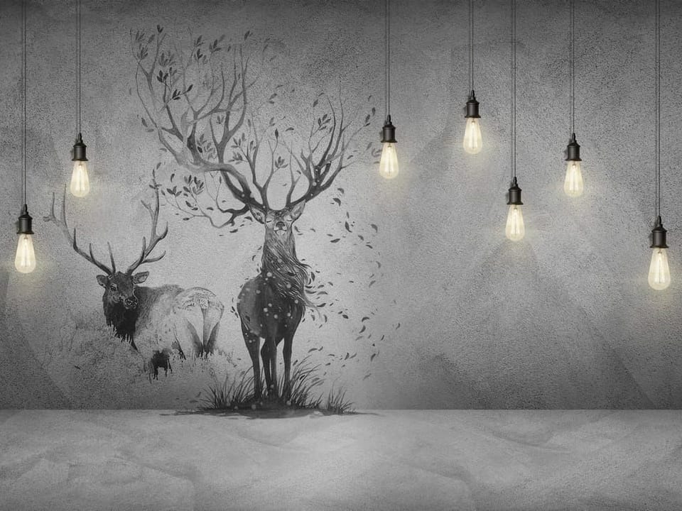 Fototapeta Jelenie na szarym tle z żarówkami