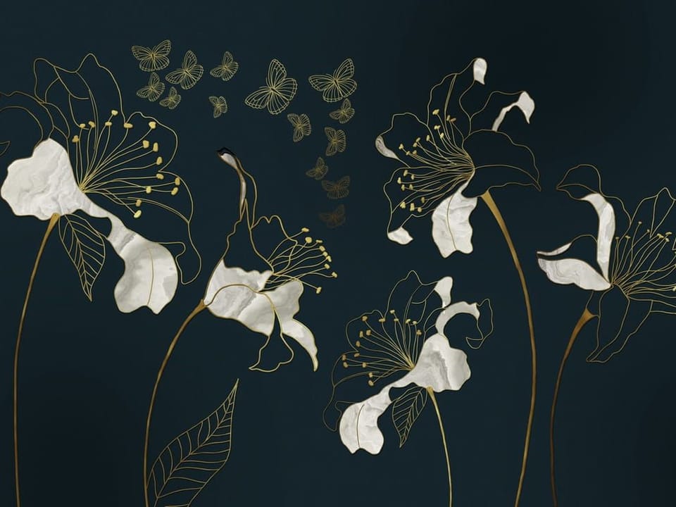 Fototapeta Lilie na ciemnym tle z motylami