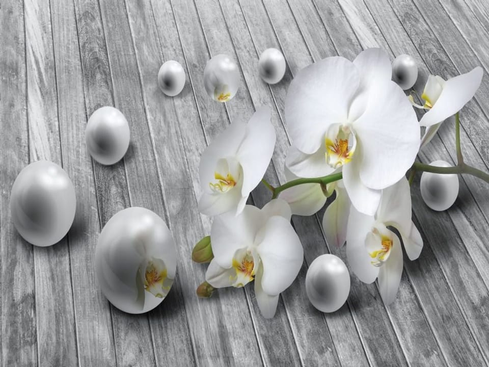 Fototapeta Białe orchidee na drewnianym tle