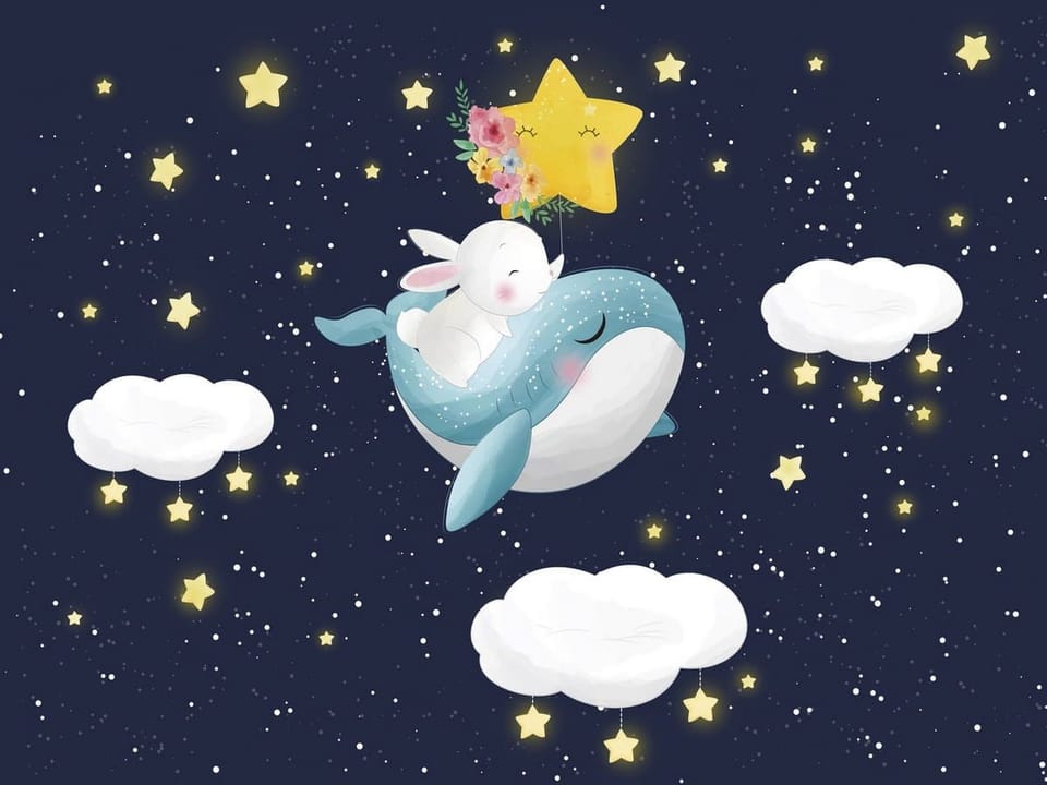 Fototapeta Królik na wielorybie w nocnym niebie