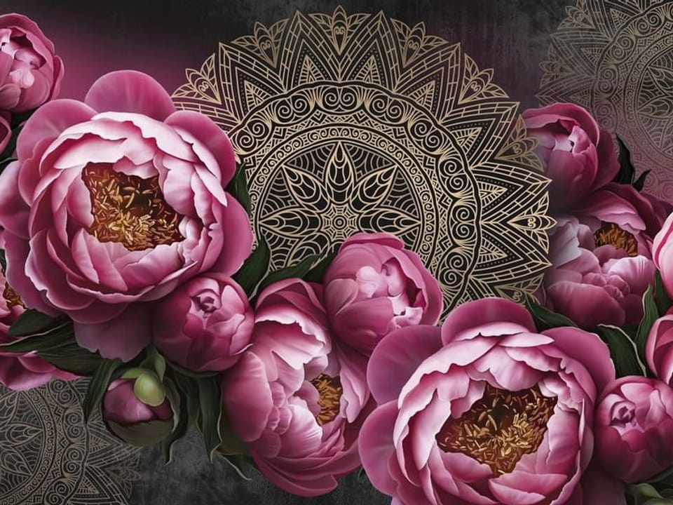 Fototapeta Różowe piwonie i złote mandale