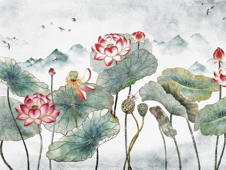 Fototapeta Kwiaty lotosu na tle gór