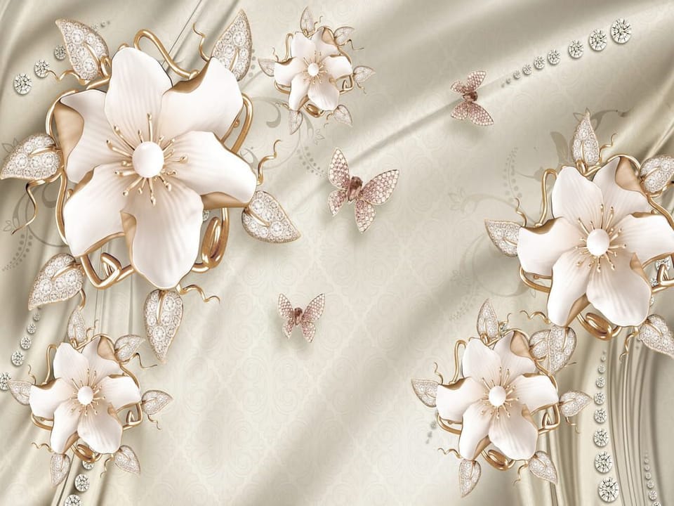 Fototapeta Białe kwiaty z liśćmi i złotymi akcentami