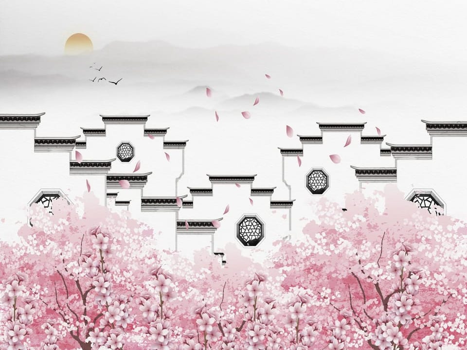 Fototapeta Kwiaty Wiśni i Tradycyjne Budynki