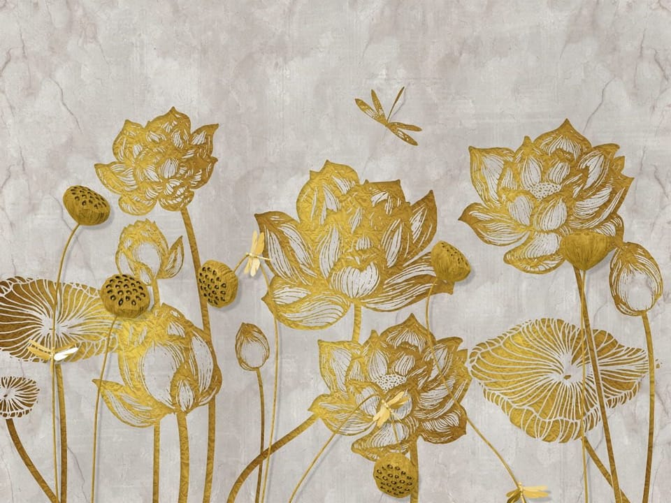 Fototapeta Złote Lotosy na Szarym Tle