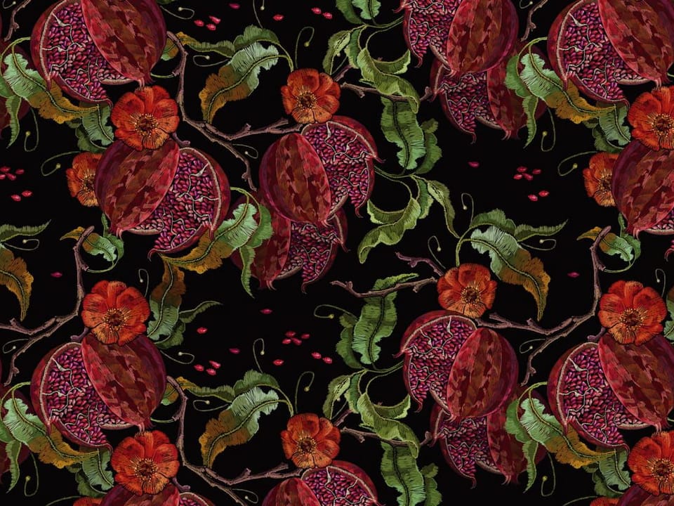 Fototapeta Granaty i kwiaty na gałęziach